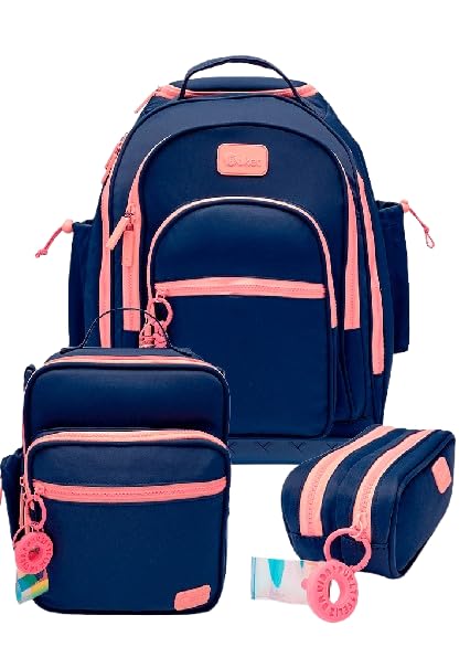Kit Mochila com Rodinha 360 + Estojo + Lancheira Azul Marinho - Puket