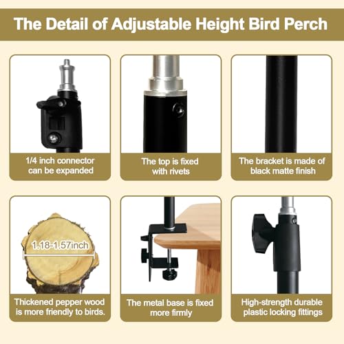 Image of 18-27 Inch Height Adjustable Bird Perch Pepper Wood Desktop Bird Training Perch Stand with Feeding Cups and Swing Toy Parakeet Perches Indoor and Outdoor Parrot Stand for Small to Medium Birds