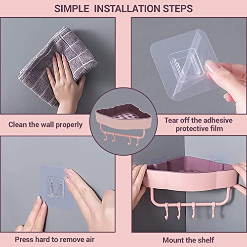 Image of Klaxon Ares Self Adhesive Corner Shelf with Towel Holder & Hooks | Wall Mounted Rack for Bathroom /Kitchen /Washbasin (Pink)