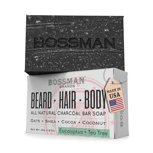 Bossman 4-in-1 Bar Soap for Men (4 oz) – All-Natural Beard Wash, Shampoo, Body Wash & Shaving Soap – Eucalyptus & Tea Tree Scent - Father’s Day Gift