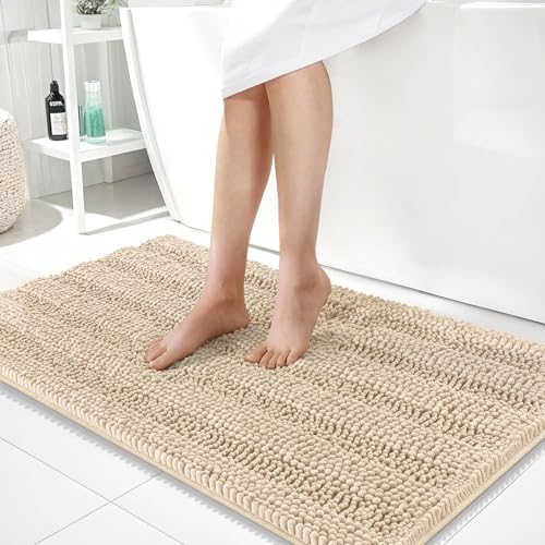 Image of OLANLY Thick Large Bathroom Rugs 40x24, Extra Soft Absorbent Chenille Striped Bath Rugs, Rubber Backing, Machine Wash Dry, Bath Mats for Bathroom Floor, Tub and Shower, Home Decor Accessories, Beige