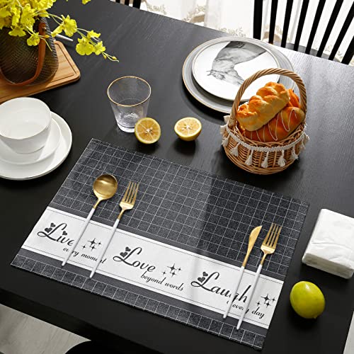 Grey Lattice Placemats For Dinning Table Set Of 4 Burlap Kitchen Place Mats Waterproof Cloth Table Mats, Retro Live-Love-Laugh Wall Indoor Outdoor Placemats Easy Clean Dinner Decor 13X19 #TOP3