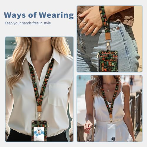 Lanyard Wallet with Id Badge Holder, Bookshelf RFID Small Keychain Wallet Women Wristlet, Cute Zipper Credit Card Holder Phone Wrist Neck Strap for Key Name Tag, Teacher Student Office Gifts