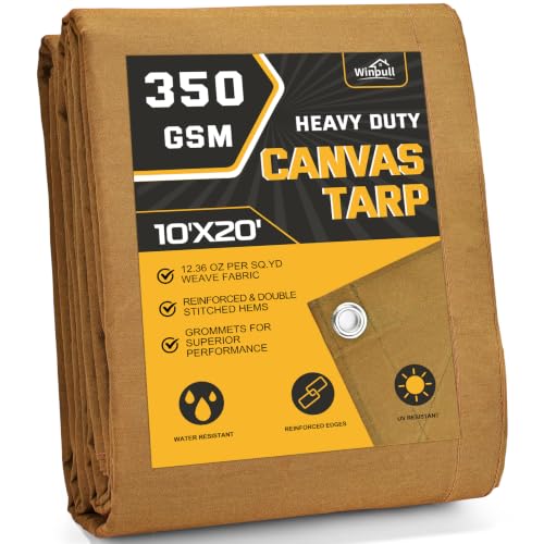 Winpull Heavy Duty Canvas Tarp 10x20 ft, 12oz (350 GSM) Cotton Canvas Water-Resistant Tarp with Rustproof Grommets, Tear-Resistant Outdoor Cover for Wood Piles, Camping, Trailer & Equipment