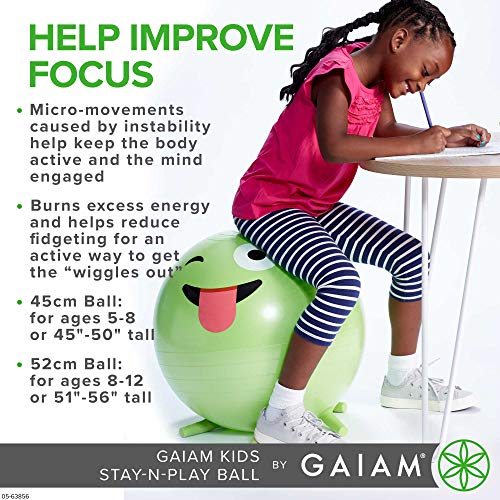 Gaiam-Kids-Stay-N-Play-Childrens-Balance-Ball-Flexible-School-Chair-Active-Classroom-Desk-Alternative-Seating-Blue-Captain-Cool-Green-Crazy-Silly-Purple-Miss-Sunshine-and-Yellow-Smiley-45cm