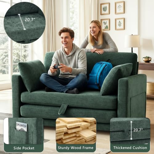Image of 52 inch Loveseat Sleeper Sofa Bed,2 in 1 Convertible Floor Sofa Bed for Small Spaces,Pull Out Couch with Deep Seat,2 Pillows and Solid Frame Floor Couch for Living Room,Apartment (Green)
