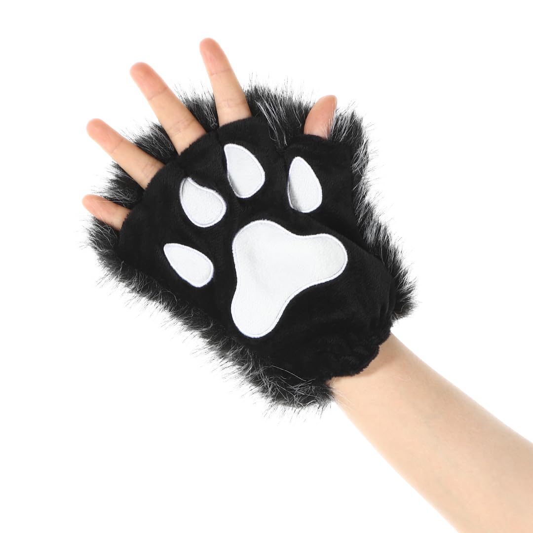 ITODA Furry Cat Paw Animal Gloves Cartoon Bear Paw Claw Glove Winter Warm Mitten Half Finger Gloves Hairy Hand Warmer Party Cosplay Costume Glove for Adult (Off-white)