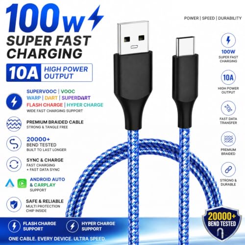 Image of Type C Cable Fast Charging - 100W | Warp /Dash Charge Compatible, Nylon | For All OnePlus & Type C Devices | Tangle Free USB A to Type C Cable | Fast Data Sync & Smart Protection Chip, 1.2m Long