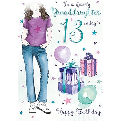 Paper Rose Granddaughter 13th Birthday Card (PR-830144) Girl with Presents & Balloons - Lovely Verse Cover
