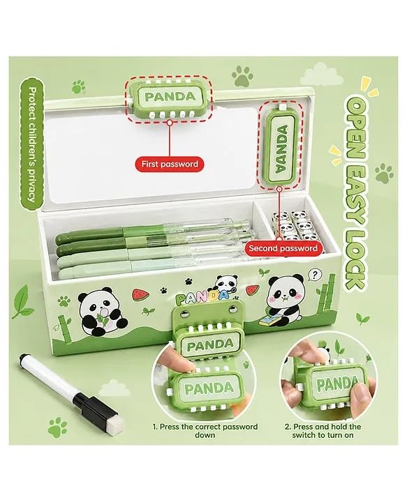 Image of Invite New Cartoon Theme Pencil Box with Push Pull Eraser Set for Kids | Suitcase Style Password Lock Stationery Organizer | School Supplies Gift Combo for Boys & Girls (Panda Green + Eraser)
