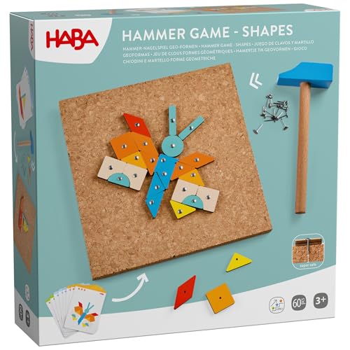 HABA Hammer-Nagelspiel: Geo-Formen Holzspielzeug mit Hammer und Nägel für Kinder ab 3 Jahren Kreativspielzeug mit Korkplatte & Vorlagen 2013791001
