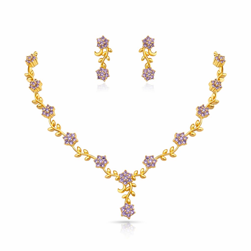 Jewellery Set for Girls and Women | Necklace with Matching Earrings | Micro Gold-Plated | AD CZ Stone Studded | Great for Traditional Outfits and Special Gatherings (Amethyst)