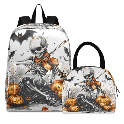 Backpack Lunch Bag Set Skeleton Bats Print, Big Storage Travel Backpacks with Insulated Lunch Box for Office Hiking Picnic