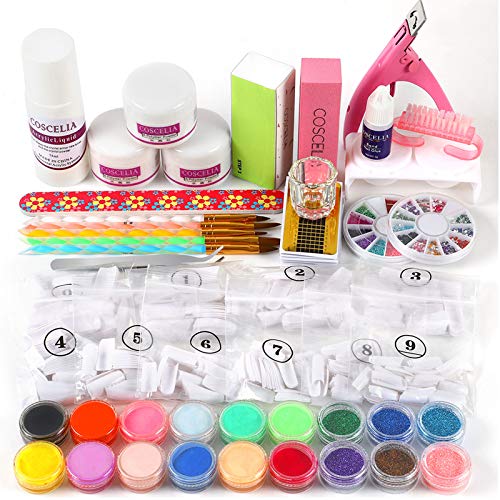 COSCELIA Acrylic Nail Kit for Beginners Acrylic Powder and Liquid Set Monomer Professional Acrylic with Everything Glitter Powder Nail Rhinestone False Nail Tips Brush Tools Nail Art Manicure Kit Gift