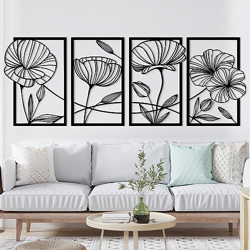 Opaltool Décoration Murale en Métal Noir, 24 * 40cm Lot of 4 Sculptures Murales en Fer à Ligne Unique Moderne en Fleurs de Lotus Ornements muraux pour la...