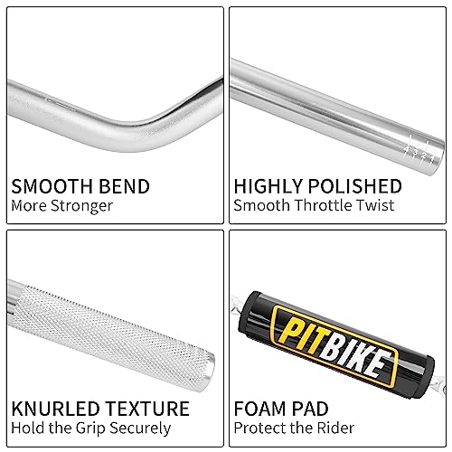 Image of Handlebars 7 /8 Inch for Motorcycle,RUTU Upgraded Universal Dirt Bike Handle Bar with Crossbar Pad Mid-Rise Mini Bike Pit Bike Handlebar for Motocross ATV Quad - Silver