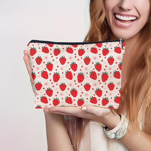 Cute Strawberry Makeup Bags for Women, Strawberry Fruit Aesthetic Cosmetic Bag, Fruit Lover Gift Zipper Makeup Pouch