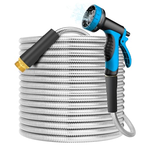 Stainless Steel 25FT Garden Hose with 10 Functions, Adjustable Spray Nozzle, Flexible Durable No Kink Leak Dog Proof Metal Water Hose for Yard Lawn