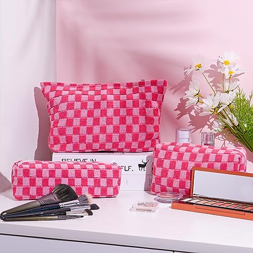 Large Capacity Makeup Bag Set Pink Checkered Makeup Bags 3 Pieces Canvas Travel Makeup Bag Organizer Travel Toiletry Bag Storage Bag for Women - Image 6