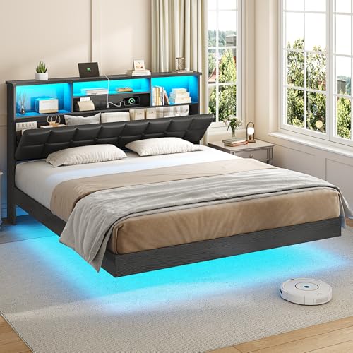 VIAGDO Floating Bed Frame Queen Size with Headboard and Storage Upholstered Queen Platform Bed Frame with USB & Type C Charging Station and LED Lights Hidden Storage No Box Spring Needed Black
