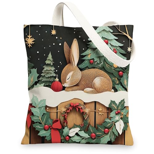 Bolsa de lona de conejo de Navidad para compras, 13 x 15 pulgadas, bolsa de comestibles reutilizable para mujeres, diseño de animales, trabajo, viajes, decoración de regalo