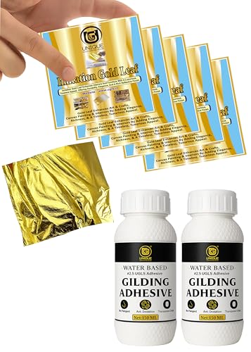 Image of UGLS Gold Leaf Sheets 500 Pack (8 cm x 8 cm) + Adhesive 300 ml (2 Bottles -150ml)- Gilding Glue - Golden Foil for Gilding, Epoxy Resin Art, Maysur Paintings, Arts & Crafts, DIY Gilding
