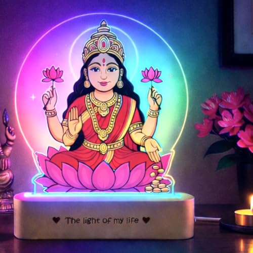 Image of ZOCI VOCI Goddess Lakshmi LED Lamp with Wooden Base - Laxmi Ji Night Light for Pooja Room, Lakshmi Photo Frame Lamp for Home Temple Decor, Diwali Gift, Spiritual (RGB Smooth - (No Remote))