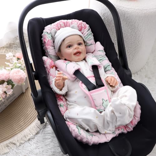 Image of DILIMI Infant Car Seat Insert, Baby Car Seat Head Support with 3 Strap Paddings, Soft Newborn Car Seat Cushion for Stroller, Swing, Bouncers, Pink Flower