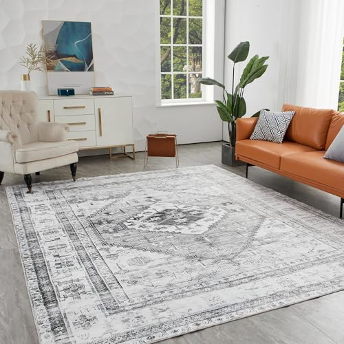 Syalife 3x5 Washable Area Rug, Ultra Soft Non-Slip, Low Pile, Stain Resistant Vintage Area Rug for Living Room, Boho Carpet for Bedroom, Dining Room, Office, Foldable Entryway Rugs, I003-FG25 Grey