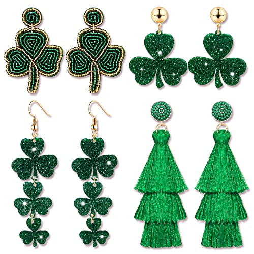 4/6Pairs St. Patrick's Day Earrings For Women, Beaded Shamrock Earrings Lucky Green Leaf Earring For Layered Tassel Earrings Irish Holiday Jewelry Gift (Style A) #TOP29
