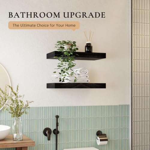 Image of 24 inch Extra Deep Floating Shelves, Set of 2, Black Finish | 24 inchL x 12 inchD x 1.8 inchH, Set of 2, Solid Paulownia Wood, Matte Black Finish, Hidden Brackets, Hardware Included