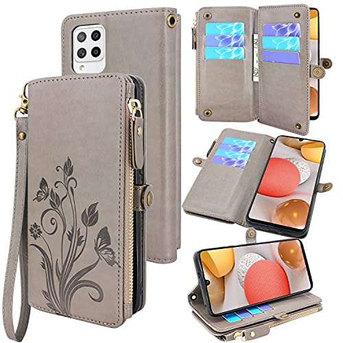 Lacass [Cards Theft Scan Protection] 10 Card Slots Holder Zipper Pocket Wallet Case Flip Leather Cover Wrist Strap Magnetic Closure Stand Carrying Pouch for Samsung Galaxy A42 5G(Floral Gray)