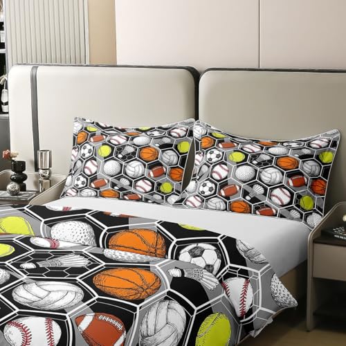 Erosebridal 100% Cotton Ball Games Bedding Sets Basketball Football Comforter Cover Hexagon Geometric Sports Duvet Cover Set Baseball Tennis Badminton Rugby Quilt Cover with 1 Pillow Case Twin Size by Erosebridal - Used condition - Image 4
