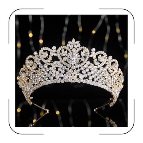 Gold Quinceanera Crown Heart Shaped Zirconia Diamond Princess Pageant Queen
