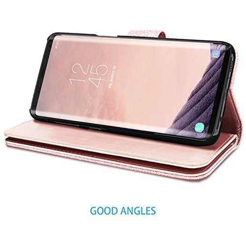 Samsung S9,Galaxy S9 Wallet Case,Fingic Luxury Glitter Wallet Case Nickel Plated Press Stud[Cash Holder][Wrist Strap][Magnetic Snap Closure]Protective Cover For Samsung Galaxy S9 (5.8Inch),Rose Gold #TOP5