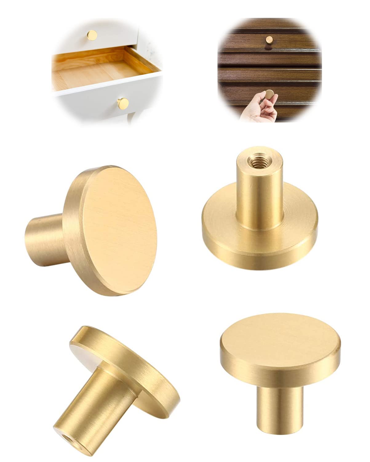 DELFINO 4 Pcs Solid Brass Round Single Hole Small Handle, Cupboard Door Round Handle Brass Knob with Screws, Home Decorating for Wardrobe Door, Cabinet Doors and Home Decorating, Gold (20mm x 25mm)