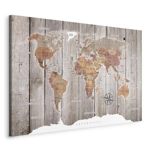 B&D XXL - Tableau décoratif Carte du monde 120x80 cm - Impression sur toile colorée - Décoration murale pour salon et chambre - Noir beige marron - Bois...