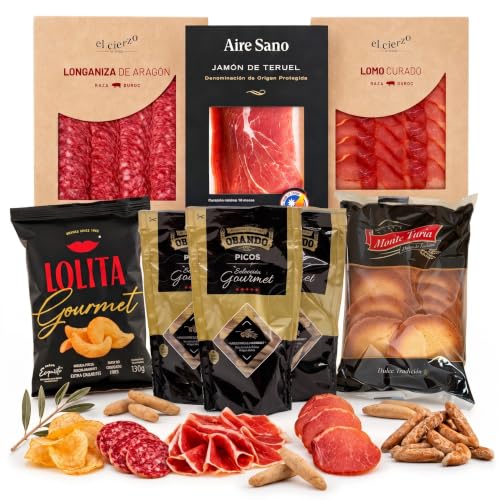Imagen de MARIA GOURMET Cesta Gourmet para regalar Jamon de Teruel DOP Cortado a Mano Cesta RegaloLonganiza de Aragon Chorizo de Montaña Lomo Curado DurocEmbutidos Duroc de TeruelBOX1