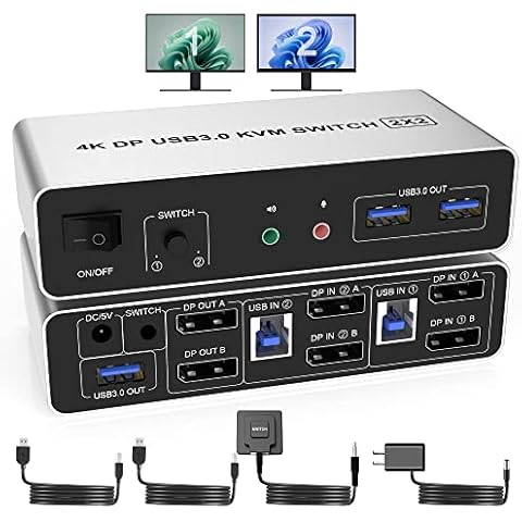 USB 3.0 DisplayPort KVM Switch Dual Monitor 2 Computers, 4K@60Hz Dual Displayport KVM Switch 2 in 2 Out with Audio Microphone and 3 USB 3.0 Ports, PC Monitor Keyboard Mouse Switcher Cover