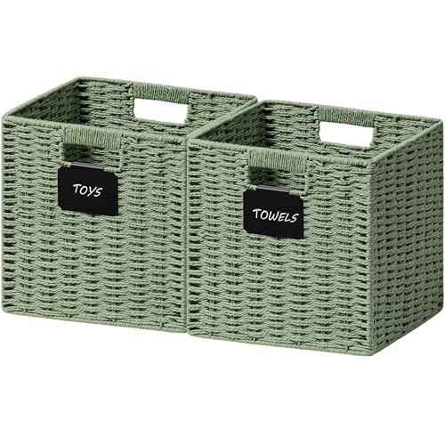 UBBCARE 2 Pack Wicker Basket, 10.5×10.5 Storage Cubes with Label, Foldable Cube Storage Bin with Handle, Square Storage Basket for Shelves, Woven Paper Rope Basket for Organizing, Green