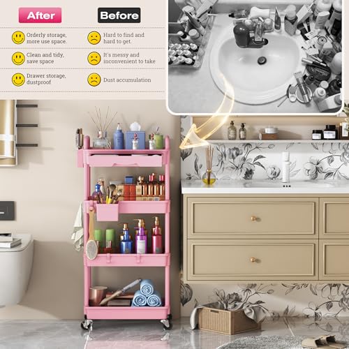 Image of Goovilla Rolling Makeup Organizer Cart with Removable Drawer, 4 Tier Stable Pink Floor Skincare Storage Cart for Vanity, Cosmetic Display, Nail Polish, Perfume, Hair Stuff, Beauty, Bathroom(Plastic)