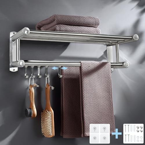 Bathroom Towel Rail Wall Mounted, Towel Holder with 5 Activity Hooks ...