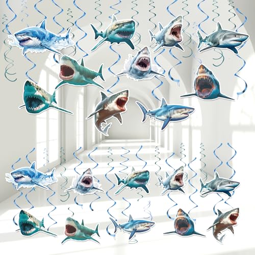 Image of CHUNNIN 60PCS Shark Birthday Party Supplies Blue Ocean Shark Theme Hanging Swirls Under the Sea Birthday Swirls Foil Ceiling Streamers for Ocean Realistic Sharks Theme Party Decorations