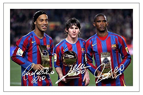 Impresión fotográfica firmada de Ronaldinho, Lionel Messi y Samuel Eto'o de...