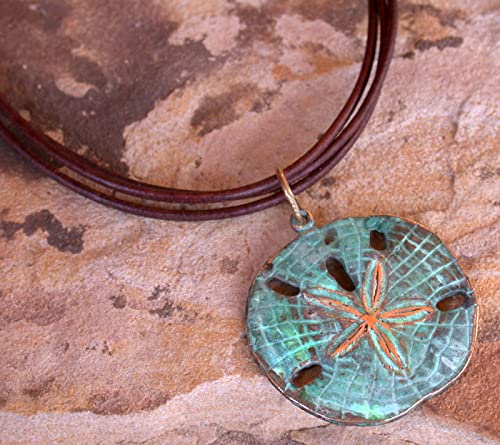 Elaine Coyne Collectible Artwear Verdigris Patina Large Brass Sand Dollar Pendant on Expresso Leather - USA Made4