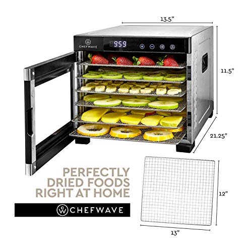 ChefWave 6 Tray Food Dehydrator Machine - Stainless Steel, Digital Temperature Control & Timer, 3 Teflon Sheets, 2 Mesh Sheets and Drip Tray - for Dried Fruit, Jerky, Herbs - Recipe Book Included