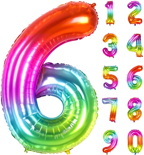 Number Balloon | Number 6 Balloon for 6th Rainbow Birthday Decorations | Giant Multicolor Mylar 6 Balloon Number - 40 Inch | Big Foil Colorful 6 Birthday Balloon for Anniversary Party Supplies Favors