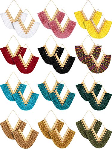 12 Pairs Statement Tassel Earrings Hoop Tassel Earrings Bohemian Geometric Handmade Earrings for Women Girls (Chic Style)