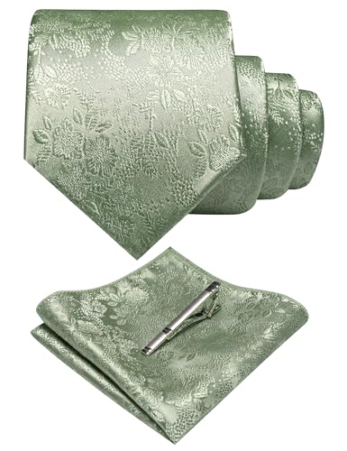 JEMYGINS Silk Sage Green Floral Tie Necktie and Pocket Square Hankerchief and Tie Bar Clip Sets for Men(52)