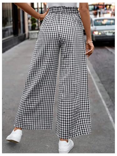 MakeMeChic Women's Gingham Palazzo Long Pants Elastic Waist Wide Leg Frill Trim Straight Loose Trousers2